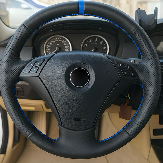 Performance Lenkradbezug - Leder glatt/perforiert + 12 Uhr Markierung blau - passend für BMW E60 E61 E62 E63 E64