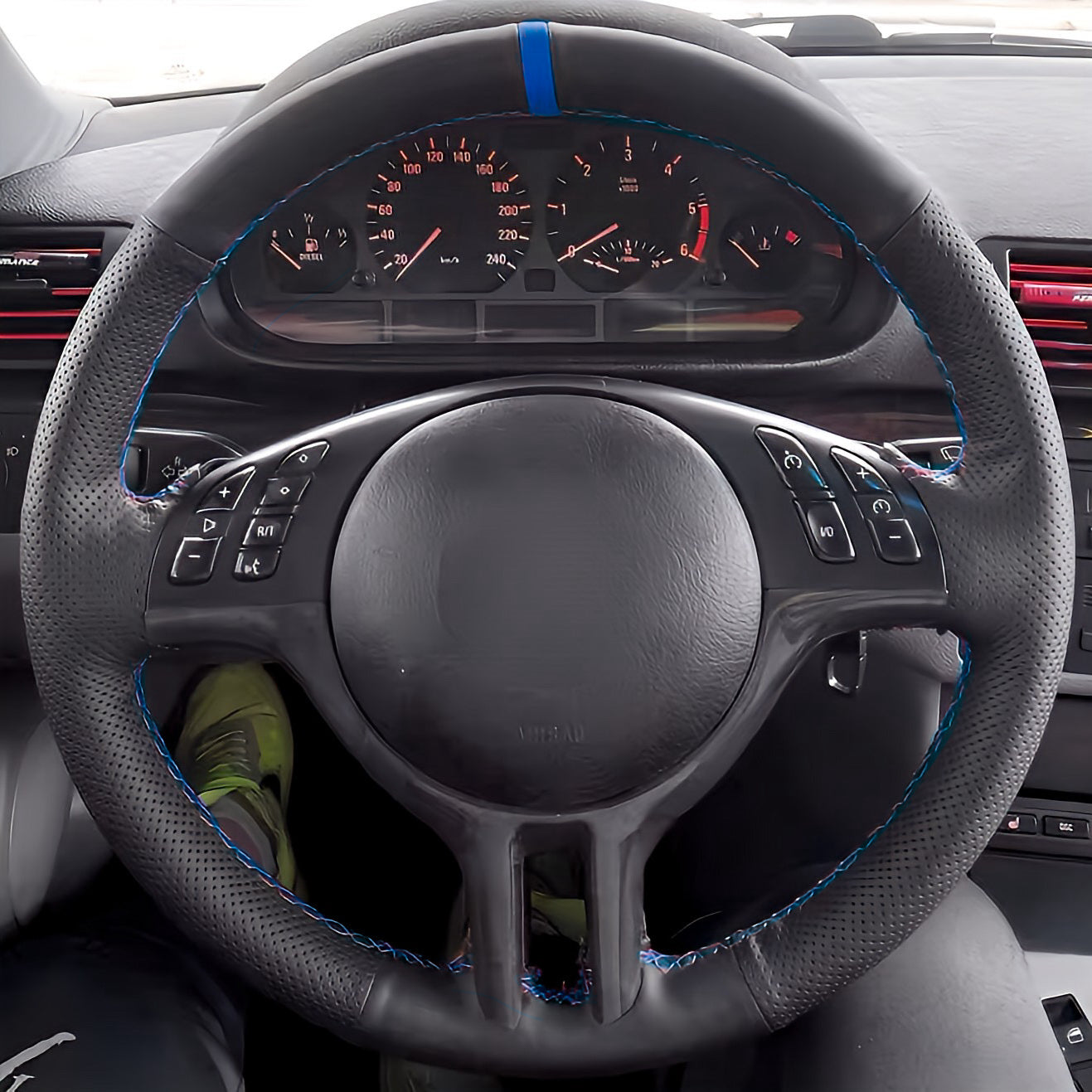 Performance Lenkradbezug - Leder glatt/perforiert + 12 Uhr Markierung blau - passend für BMW E46 E39