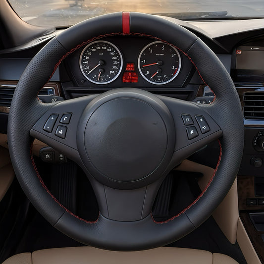 Performance Lenkradbezug - Leder glatt/perforiert + 12 Uhr Markierung rot - passend für BMW E60 E61 E62 E63 E64