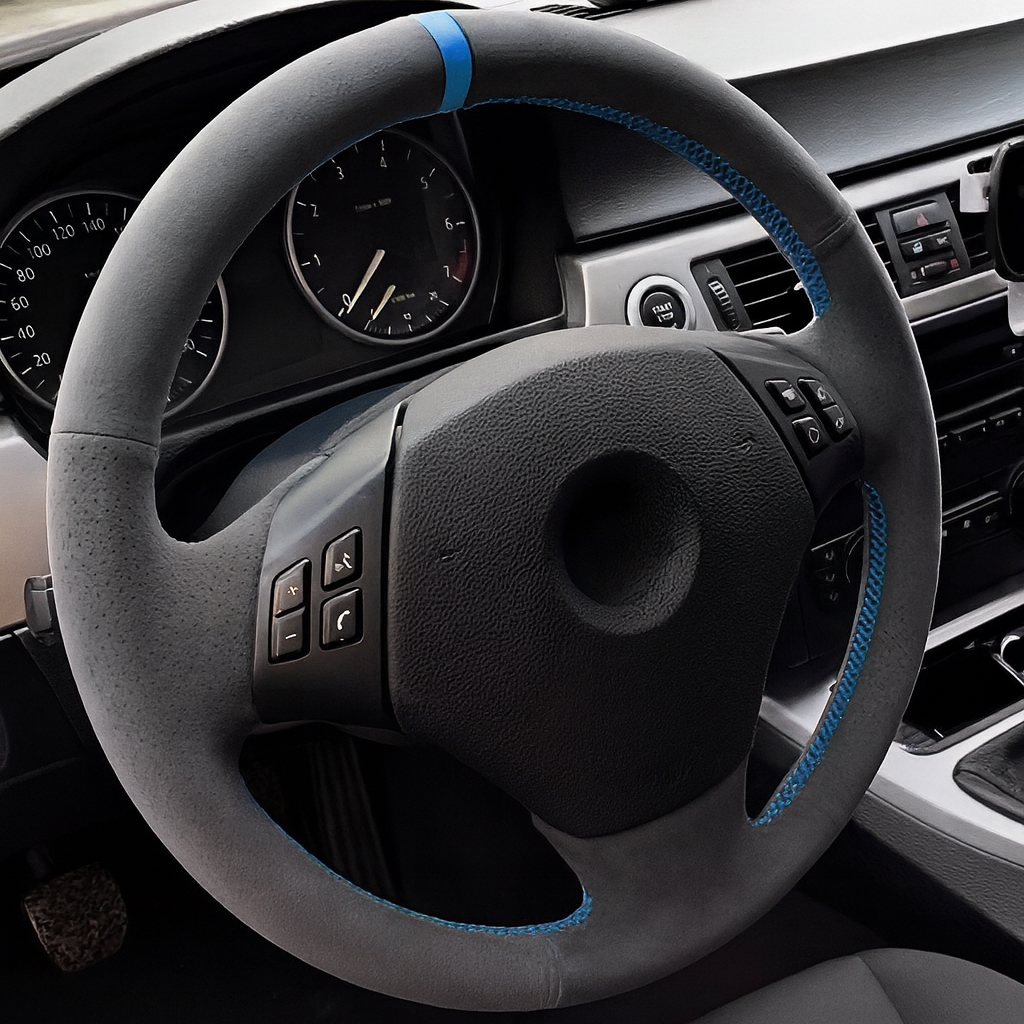 Performance Lenkradbezug - Alcantara perforiert mit 12 Uhr Markierung blau - passend für BMW E90 E91 E92 E93 E81 E82 E87 E88