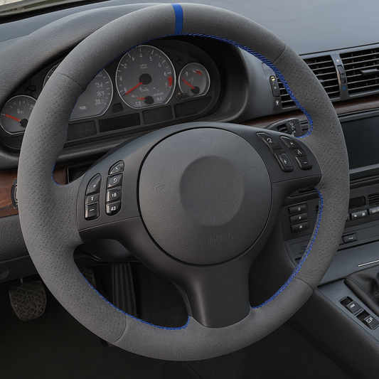 Performance Lenkradbezug - Alcantara perforiert + 12 Uhr Markierung blau - passend für BMW E46 E39