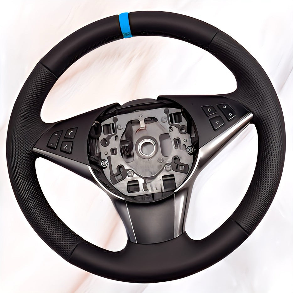 Performance Lenkradbezug - Leder glatt/perforiert + 12 Uhr Markierung blau - passend für BMW E60 E61 E62 E63 E64