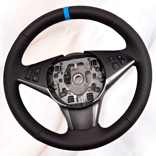 Performance Lenkradbezug - Leder glatt/perforiert + 12 Uhr Markierung blau - passend für BMW E60 E61 E62 E63 E64