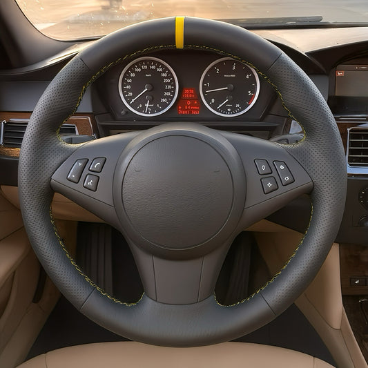 Performance Lenkradbezug - Leder glatt/perforiert + 12 Uhr Markierung gelb - passend für BMW E60 E61 E62 E63 E64