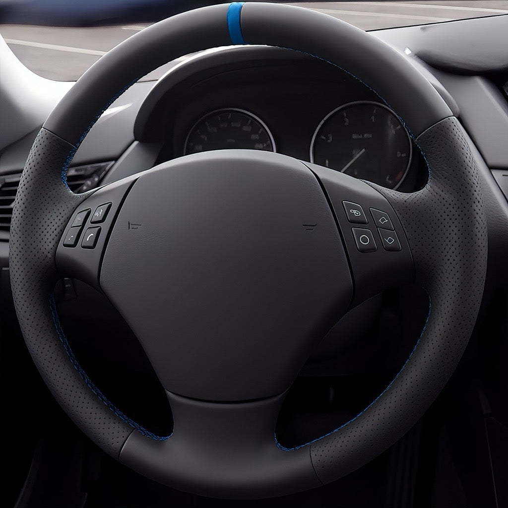 Performance Lenkradbezug - Leder glatt / perforiert + 12 Uhr Markierung blau - passend für BMW E90 E91 E92 E93 E81 E82 E87 E88