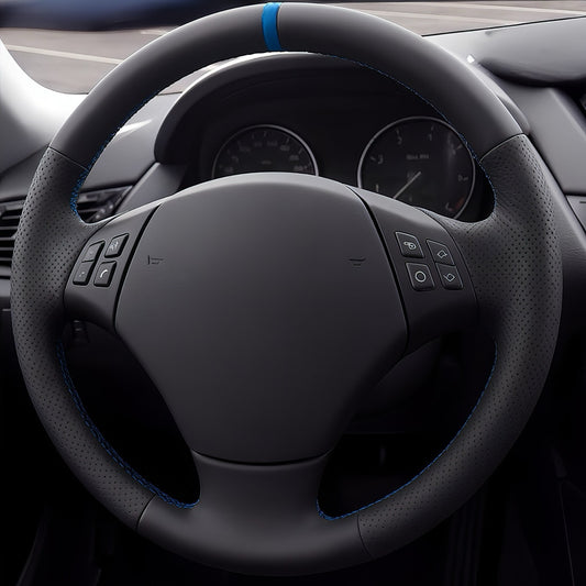 Performance Lenkradbezug - Leder glatt / perforiert + 12 Uhr Markierung blau - passend für BMW E90 E91 E92 E93 E81 E82 E87 E88