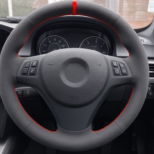 Performance Lenkradbezug - Alcantara mit 12 Uhr Markierung rot - passend für BMW E90 E91 E92 E93 E81 E82 E87 E88