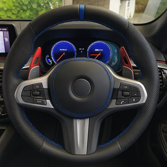 Performance Lenkradbezug - Leder glatt / perforiert + 12 Uhr Markierung blau - passend für BMW G20 G21 G22 G23 G26 G30 G31 G32 G11 G12 G14 G15 G16 G01 G02 G05 G06 G07 X3 X4 X5 X6