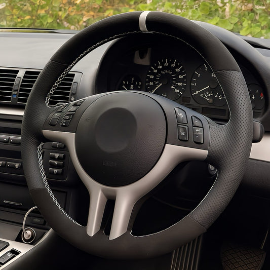 Performance Lenkradbezug - Alcantara + perforiertes Leder + 12 Uhr Markierung weiß - passend für BMW E46 E39