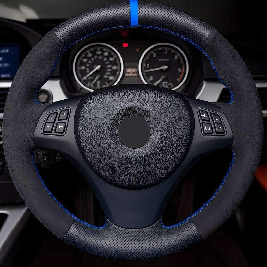 Performance Lenkradbezug - Perforiertes Leder mit Alcantara + 12 Uhr Markierung blau - passend für BMW E90 E91 E92 E93 E81 E82 E87 E88