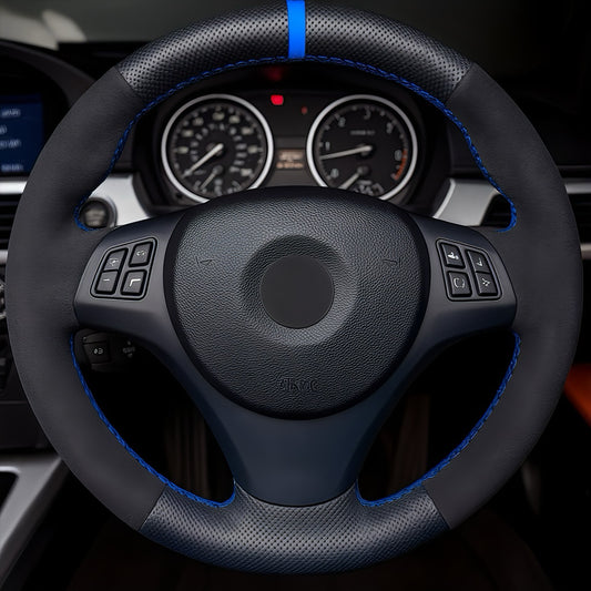 Performance Lenkradbezug - Perforiertes Leder mit Alcantara + 12 Uhr Markierung blau - passend für BMW E90 E91 E92 E93 E81 E82 E87 E88