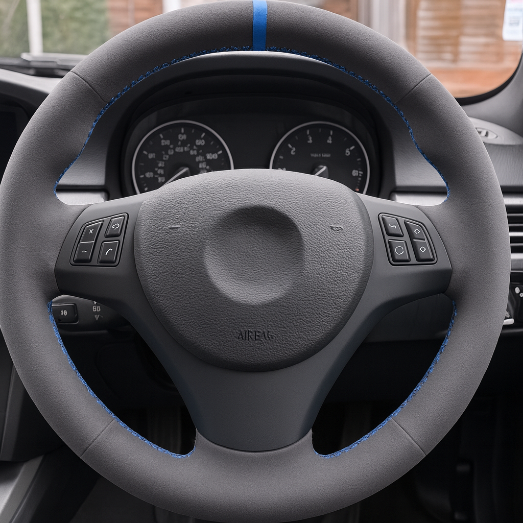 Performance Lenkradbezug - Alcantara mit 12 Uhr Markierung blau - passend für BMW E90 E91 E92 E93 E81 E82 E87 E88
