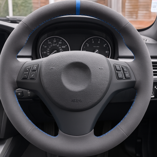 Performance Lenkradbezug - Alcantara mit 12 Uhr Markierung blau - passend für BMW E90 E91 E92 E93 E81 E82 E87 E88