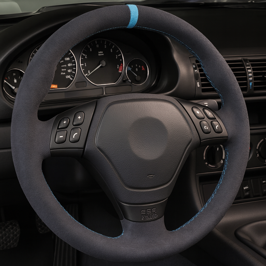 Performance Lenkradbezug - Alcantara + 12 Uhr Markierung blau - passend für BMW E46 E39