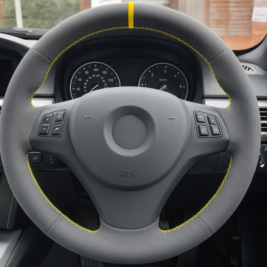 Performance Lenkradbezug - Alcantara mit 12 Uhr Markierung gelb - passend für BMW E90 E91 E92 E93 E81 E82 E87 E88