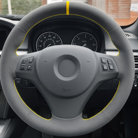 Performance Lenkradbezug - Alcantara mit 12 Uhr Markierung gelb - passend für BMW E90 E91 E92 E93 E81 E82 E87 E88