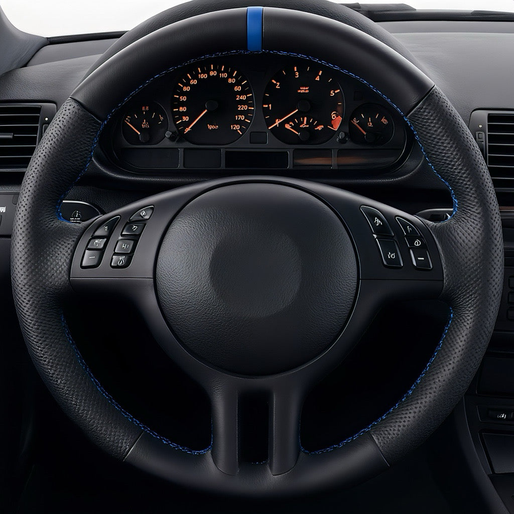 Performance Lenkradbezug - Leder glatt/perforiert + 12 Uhr Markierung blau - passend für BMW E46 E39