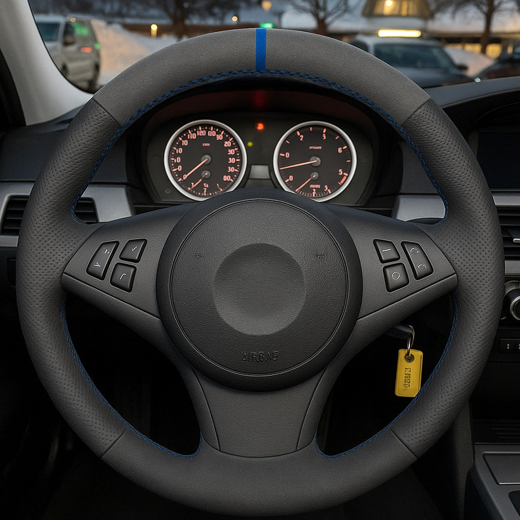Performance Lenkradbezug - Alcantara + perforiertes Leder + 12 Uhr Markierung blau - passend für BMW E60 E61 E62 E63 E64