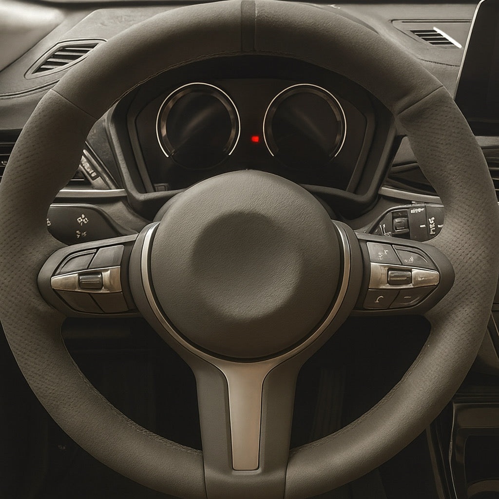 Performance Lenkradbezug - Alcantara perforiert + 12 Uhr Markierung grau - passend für BMW F20 F21 F45 F22 F23 F46 F30 F31 F34 F32 F33 F36 F10 F11 F07 F12 F06 F13 X1 F48 X2 F39 X3 F25 X4 F26 X5 F15 X6 F16