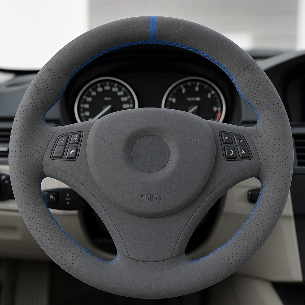 Performance Lenkradbezug - Alcantara perforiert mit 12 Uhr Markierung blau - passend für BMW E90 E91 E92 E93 E81 E82 E87 E88