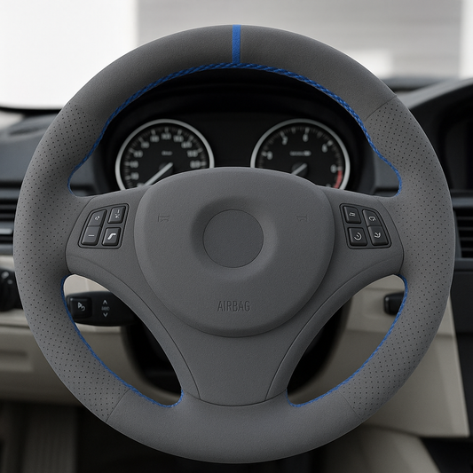 Performance Lenkradbezug - Alcantara perforiert mit 12 Uhr Markierung blau - passend für BMW E90 E91 E92 E93 E81 E82 E87 E88
