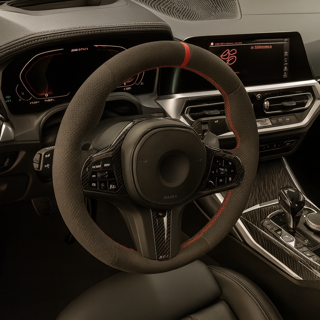 Performance Lenkradbezug - Alcantara perforiert + 12 Uhr Markierung rot - passend für BMW G20 G21 G22 G23 G26 G30 G31 G32 G11 G12 G14 G15 G16 G01 G02 G05 G06 G07 X3 X4 X5 X6