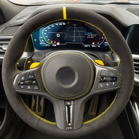 Performance Lenkradbezug - Alcantara + 12 Uhr Markierung gelb - passend für BMW G20 G21 G22 G23 G26 G30 G31 G32 G11 G12 G14 G15 G16 G01 G02 G05 G06 G07 X3 X4 X5 X6