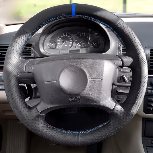 Performance Lenkradbezug - Leder glatt/perforiert + 12 Uhr Markierung blau - passend für BMW E46 E39 E36