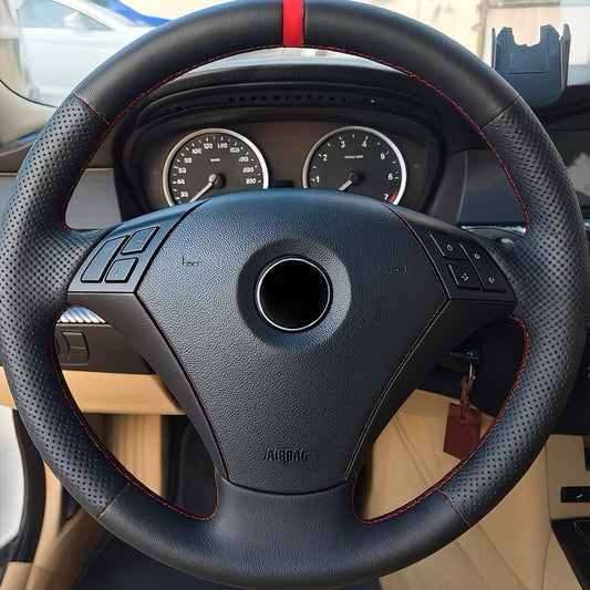 Performance Lenkradbezug - Leder glatt/perforiert + 12 Uhr Markierung rot - passend für BMW E60 E61 E62 E63 E64