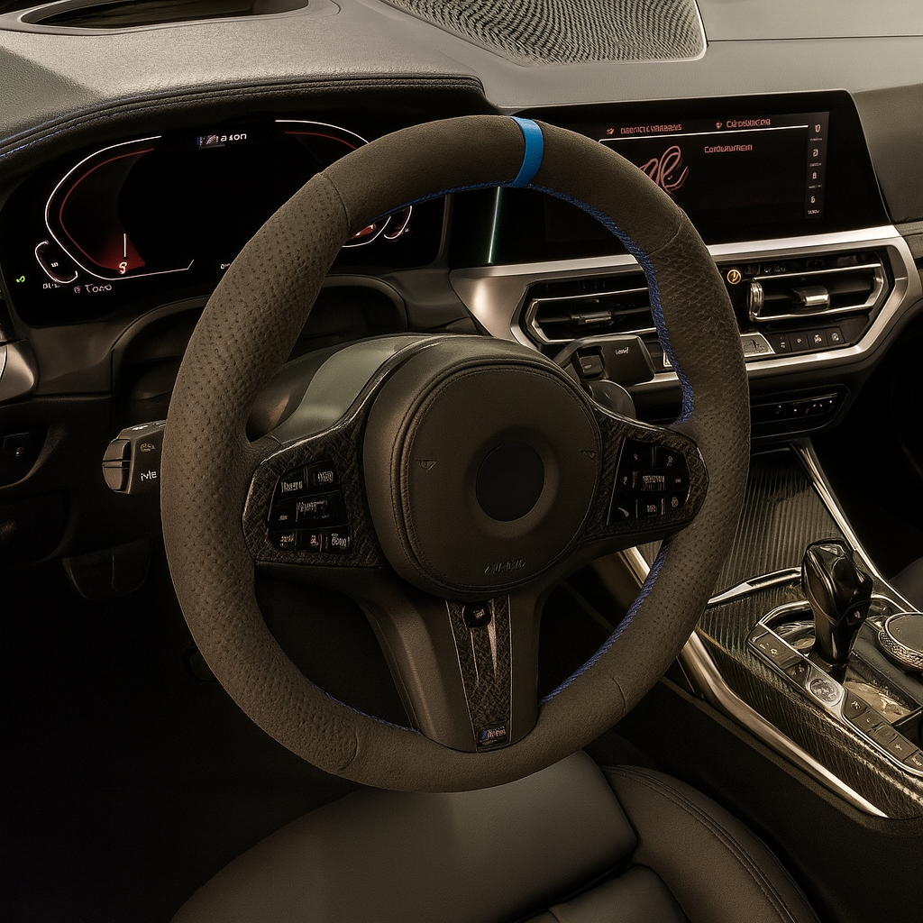 Performance Lenkradbezug - Alcantara perforiert + 12 Uhr Markierung blau - passend für BMW G20 G21 G22 G23 G26 G30 G31 G32 G11 G12 G14 G15 G16 G01 G02 G05 G06 G07 X3 X4 X5 X6