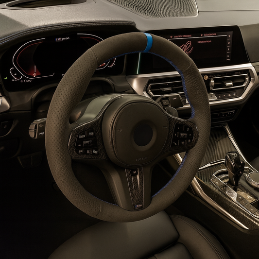 Performance Lenkradbezug - Alcantara perforiert + 12 Uhr Markierung blau - passend für BMW G20 G21 G22 G23 G26 G30 G31 G32 G11 G12 G14 G15 G16 G01 G02 G05 G06 G07 X3 X4 X5 X6