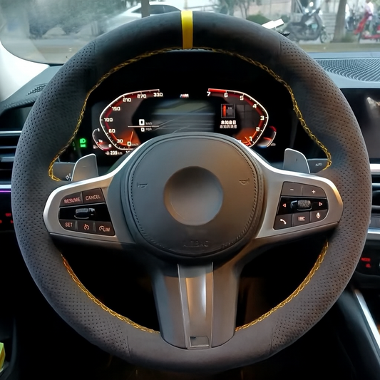 Performance Lenkradbezug - Alcantara perforiert + 12 Uhr Markierung gelb - passend für BMW G20 G21 G22 G23 G26 G30 G31 G32 G11 G12 G14 G15 G16 G01 G02 G05 G06 G07 X3 X4 X5 X6