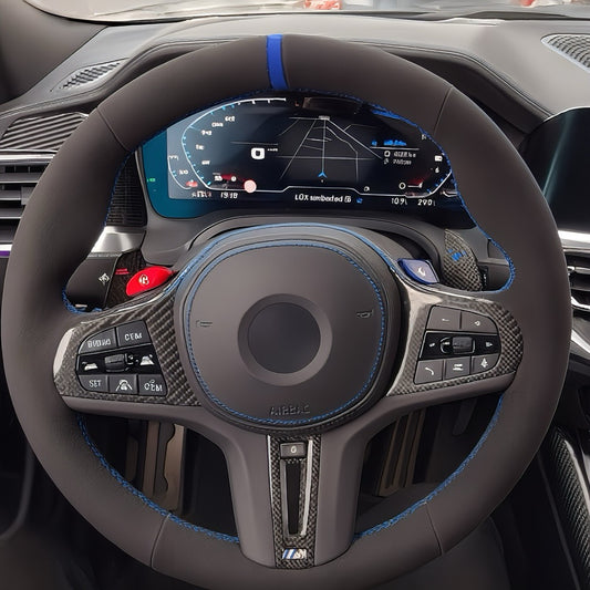 Performance Lenkradbezug - Alcantara + 12 Uhr Markierung blau - passend für BMW G20 G21 G22 G23 G26 G30 G31 G32 G11 G12 G14 G15 G16 G01 G02 G05 G06 G07 X3 X4 X5 X6