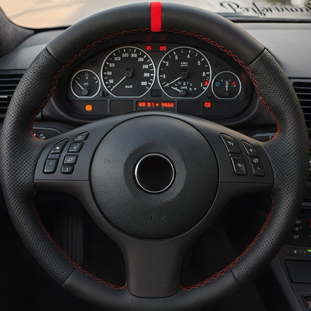 Performance Lenkradbezug - glattes + perforiertes Leder + 12 Uhr Markierung rot - passend für BMW E46 E39