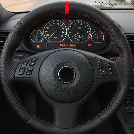 Performance Lenkradbezug - glattes + perforiertes Leder + 12 Uhr Markierung rot - passend für BMW E46 E39
