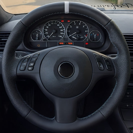 Performance Lenkradbezug - glattes + perforiertes Leder + 12 Uhr Markierung weiß - passend für BMW E46 E39