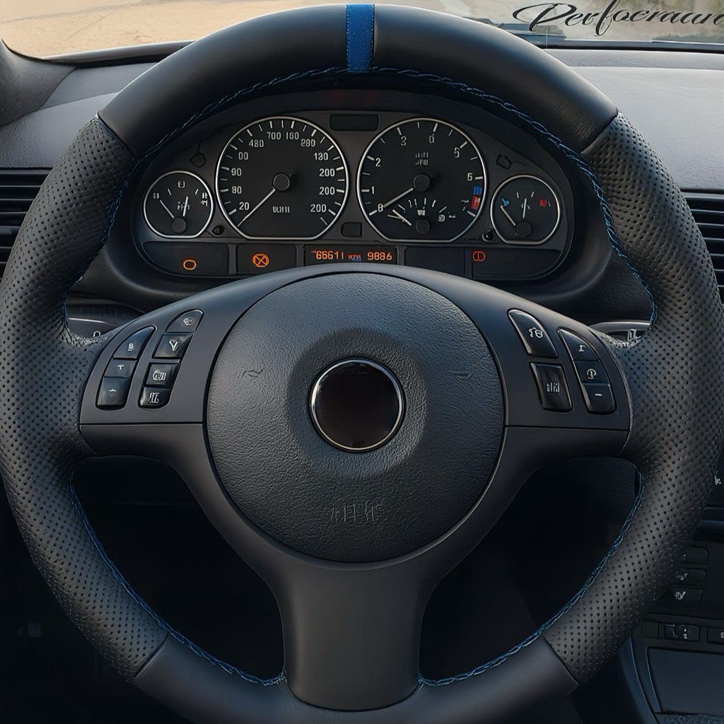 Performance Lenkradbezug - glattes + perforiertes Leder + 12 Uhr Markierung blau - passend für  BMW E46 E39
