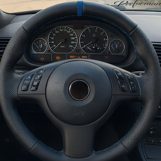 Performance Lenkradbezug - glattes + perforiertes Leder + 12 Uhr Markierung blau - passend für  BMW E46 E39