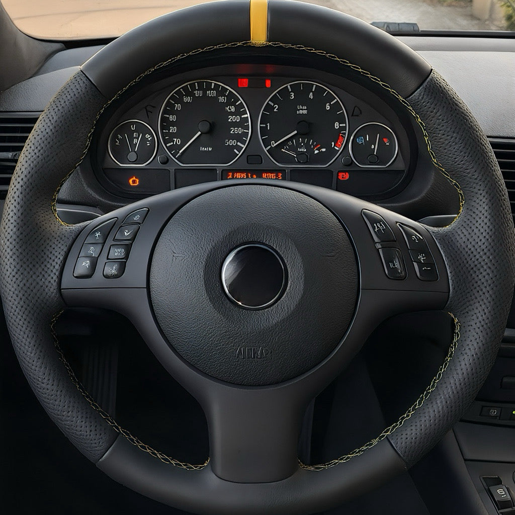 Performance Lenkradbezug - glattes + perforiertes Leder + 12 Uhr Markierung gelb - passend für BMW E46 E39