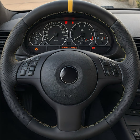 Performance Lenkradbezug - glattes + perforiertes Leder + 12 Uhr Markierung gelb - passend für BMW E46 E39