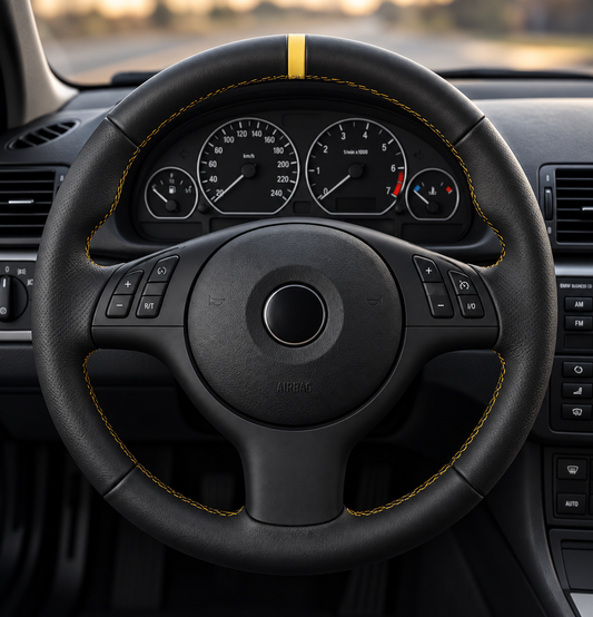 Performance Lenkradbezug passend für BMW E46 E39 E83 E53 Z3 – Leder gelbe 12-Uhr-Markierung