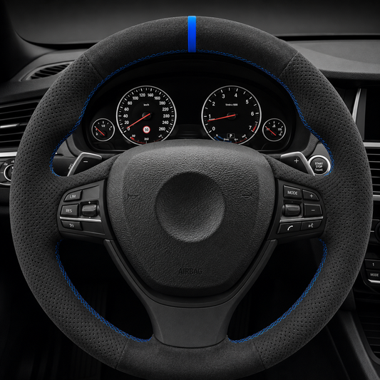 Performance Lenkradbezug passend für BMW F20 F21 F22 F23 F45 F46 F30 F31 F34 F32 F33 F36 F10 F11 F07 F06 F12 F13 F48 F39 F25 F26 F15 F16 – Alcantara perforiert – blaue 12-Uhr-Markierung