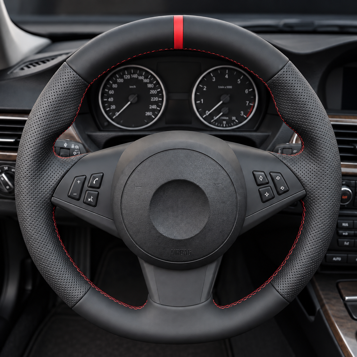 Performance Lenkradbezug passend für BMW E60 E61 E63 E64 – Leder – rote 12-Uhr-Markierung
