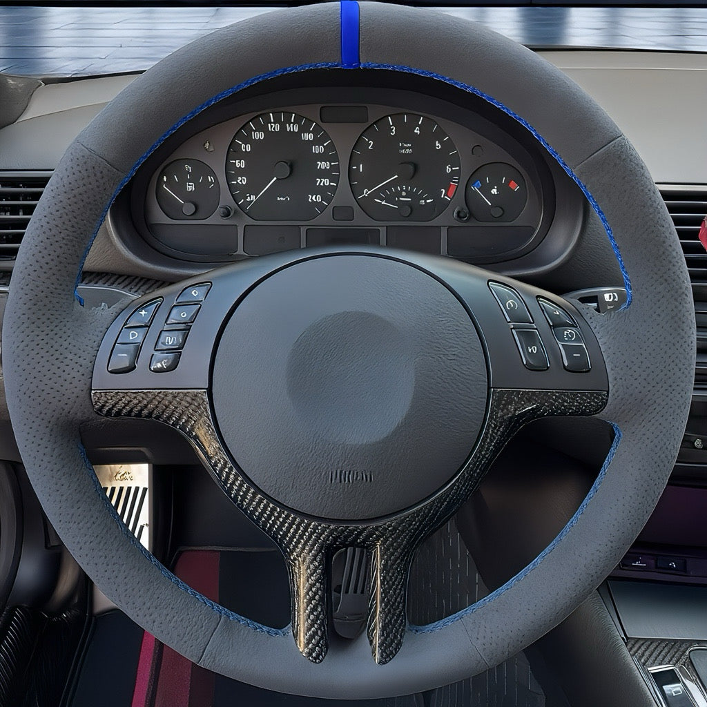 Performance Lenkradbezug - Alcantara perforiert + 12 Uhr Markierung blau - passend für BMW E46 E39