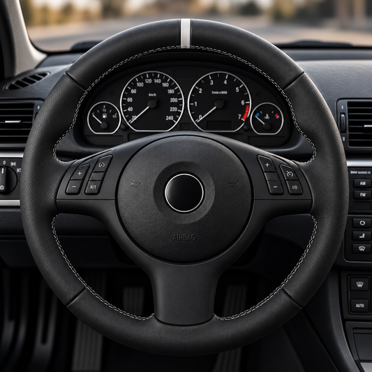 Performance Lenkradbezug passend für BMW E46 E39 E83 E53 Z3 – Leder weiße 12-Uhr-Markierung