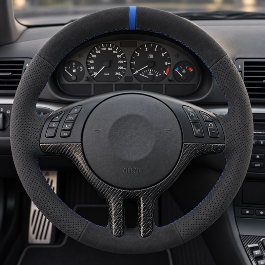 Performance Lenkradbezug passend für BMW E36 E46 E39 E38 E31 E83 E53 Z3 – Alcantara – blaue 12-Uhr-Markierung