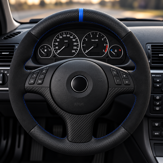Performance Lenkradbezug passend für BMW E46 E39 E83 E53 Z3 – Alcantara/Leder blaue 12-Uhr-Markierung