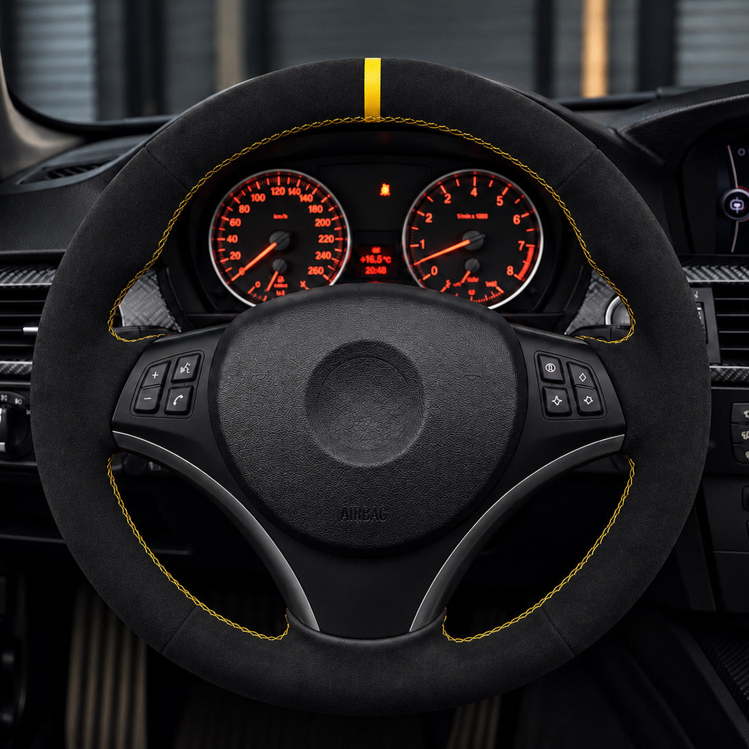 Performance Lenkradbezug passend für BMW E81 E82 E87 E88 E90 E91 E92 E93 E84 – Alcantara gelbe 12-Uhr-Markierung