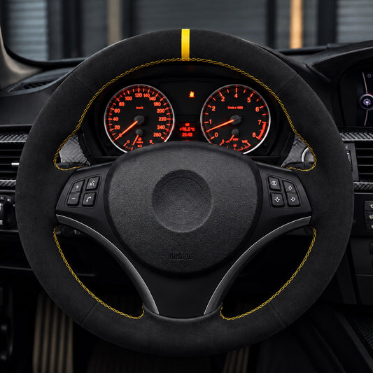 Performance Lenkradbezug passend für BMW E81 E82 E87 E88 E90 E91 E92 E93 E84 – Alcantara gelbe 12-Uhr-Markierung