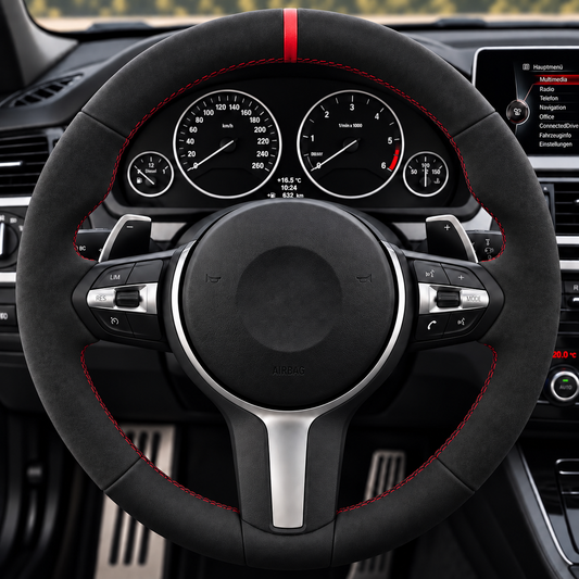 Performance Lenkradbezug passend für BMW F20 F21 F22 F23 F45 F46 F87 F30 F31 F34 F80 F32 F33 F36 F82 F83 F10 F11 F07 F06 F12 F13 F48 F39 F25 F26 F15 F85 F16 F86 – Alcantara – rote 12-Uhr-Markierung